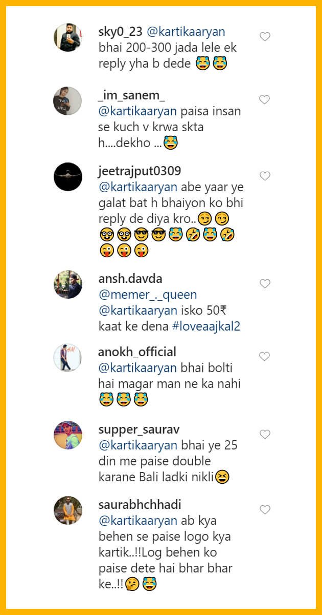 Kartik Aryan 1 lakh for replying to comment