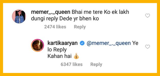 Kartik Aryan 1 lakh for replying to comment